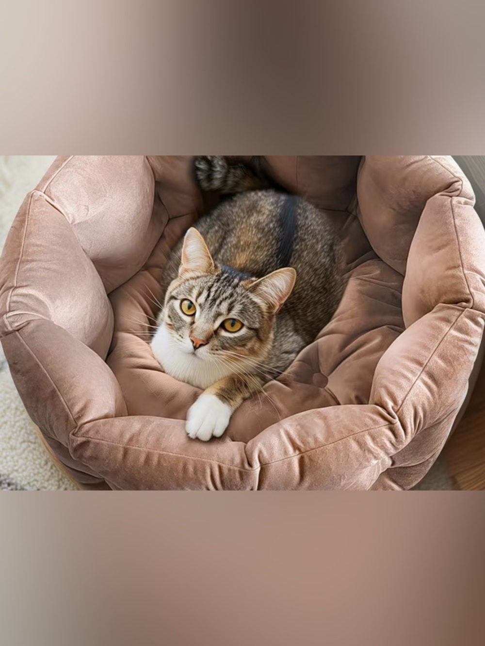 🟤 ClevaHome Beige Plush Cat Bed - Cozy Round Pet Nest